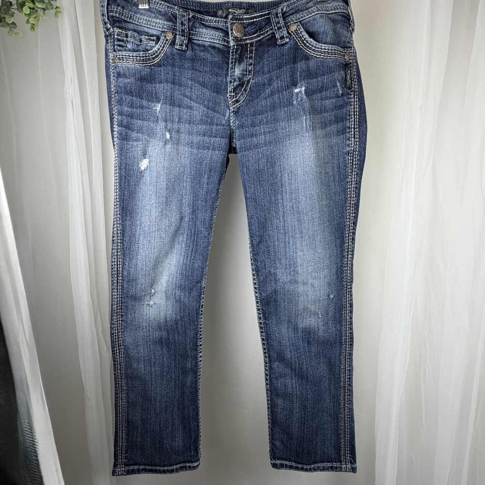 SILVER JEANS Twisted Capri Women's 30 Blue Denim Jean Capri‎ Embroidered